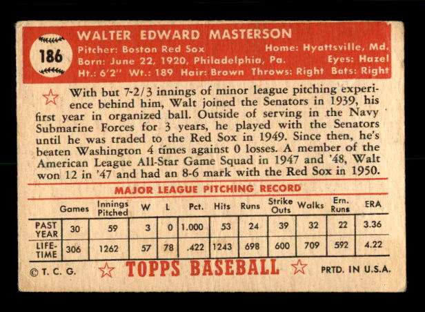 1952 Topps #186 Walt Masterson back image