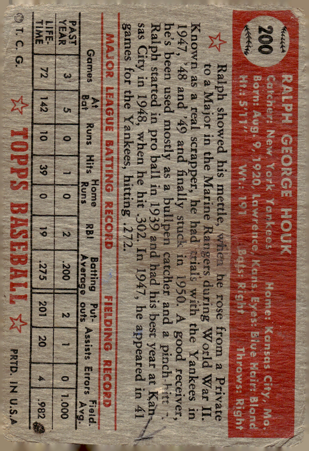 1952 Topps #200 Ralph Houk RC back image