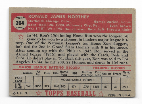 1952 Topps #204 Ron Northey back image