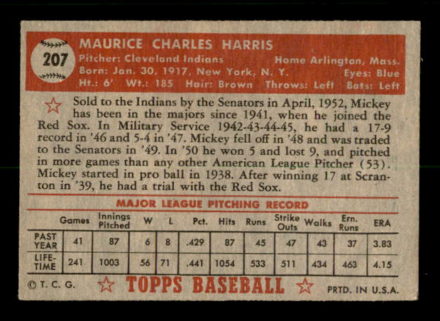 1952 Topps #207 Mickey Harris back image