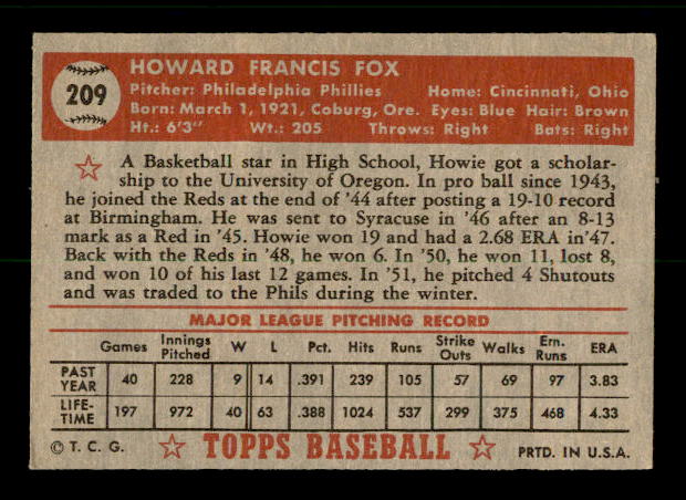 1952 Topps #209 Howie Fox back image