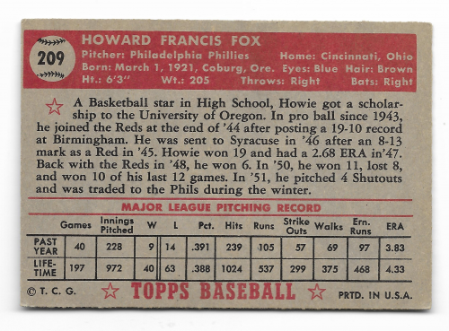 1952 Topps #209 Howie Fox back image