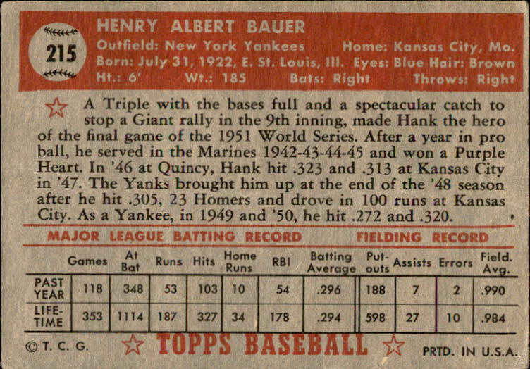 1952 Topps #215 Hank Bauer back image
