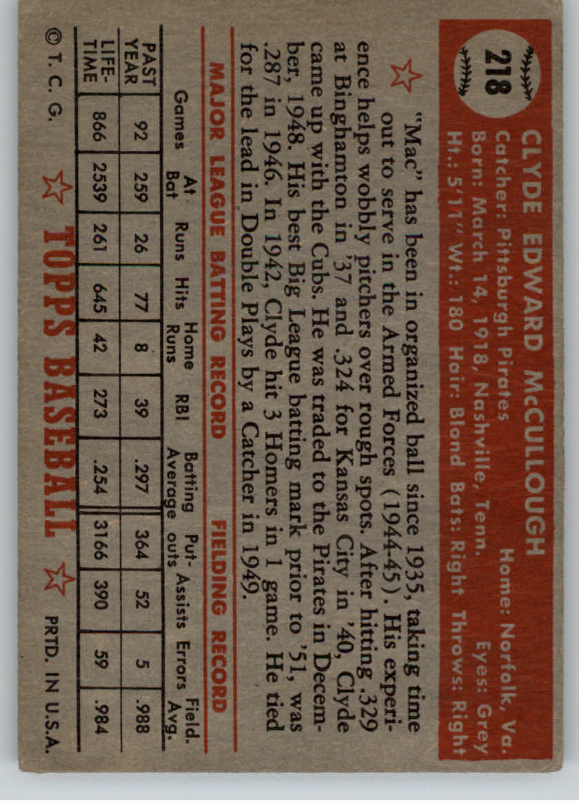 1952 Topps #218 Clyde McCullough back image