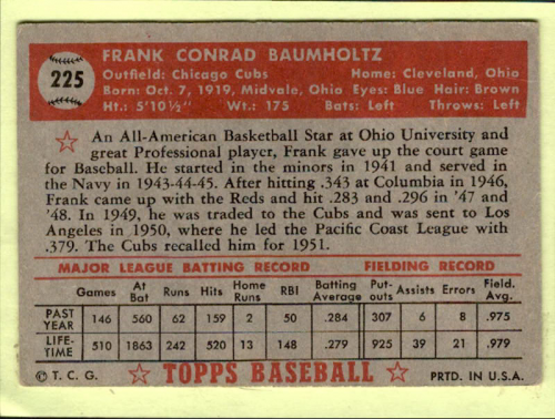 1952 Topps #225 Frank Baumholtz back image