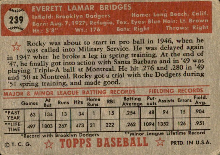 1952 Topps #239 Rocky Bridges RC back image