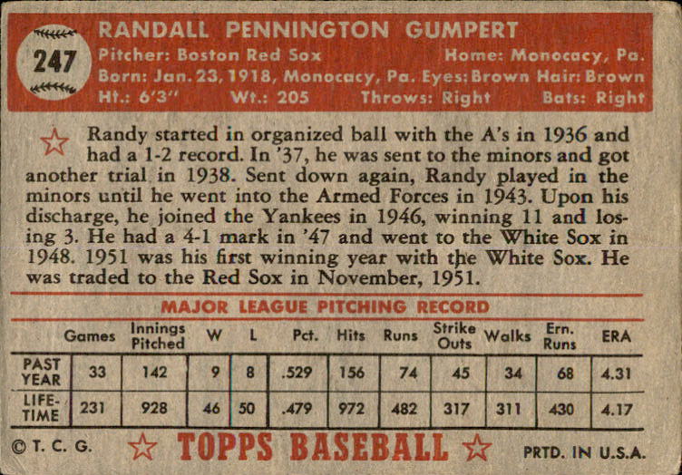 1952 Topps #247 Randy Gumpert back image
