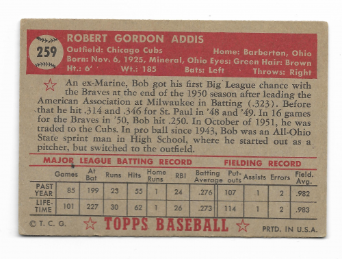1952 Topps #259 Bob Addis RC back image
