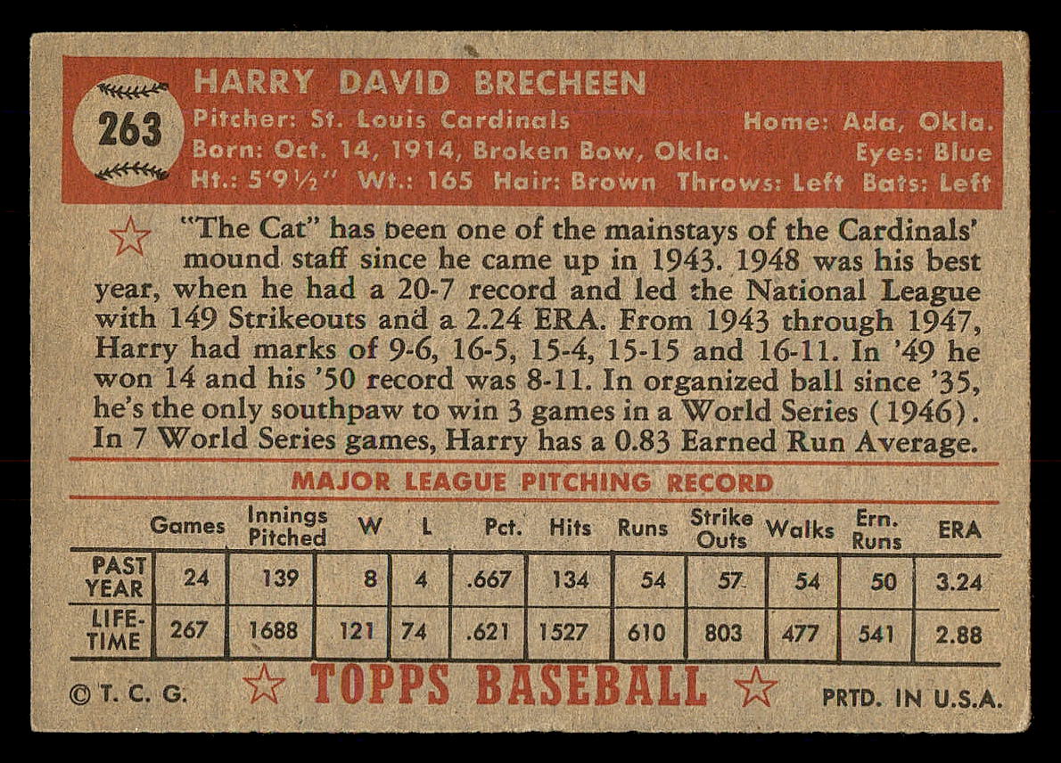 1952 Topps #263 Harry Brecheen back image
