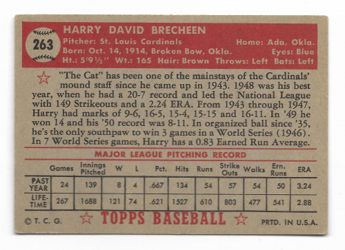 1952 Topps #263 Harry Brecheen back image