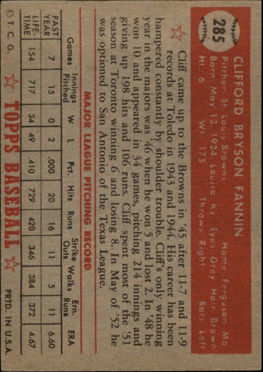 1952 Topps #285 Cliff Fannin SP back image