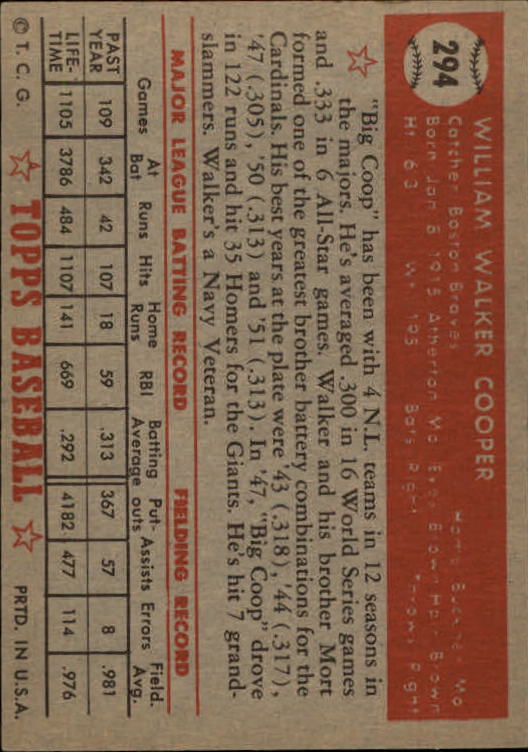 1952 Topps #294 Walker Cooper SP back image