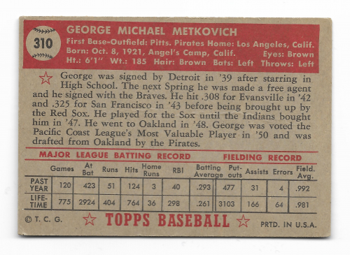 1952 Topps #310 George Metkovich back image