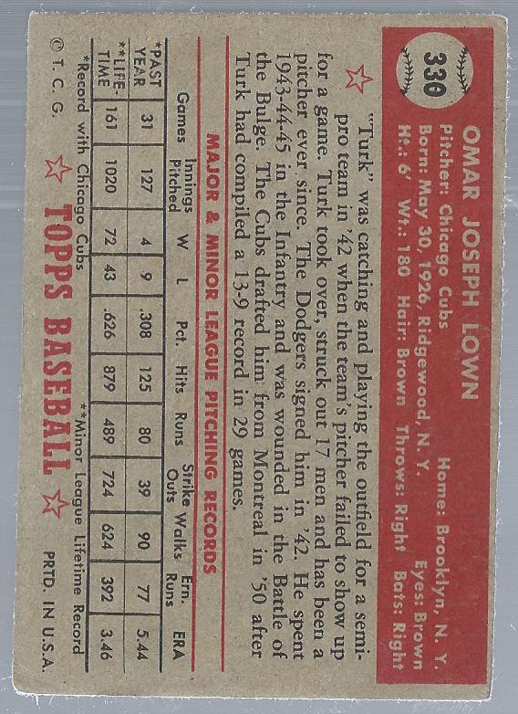 1952 Topps #330 Turk Lown RC back image