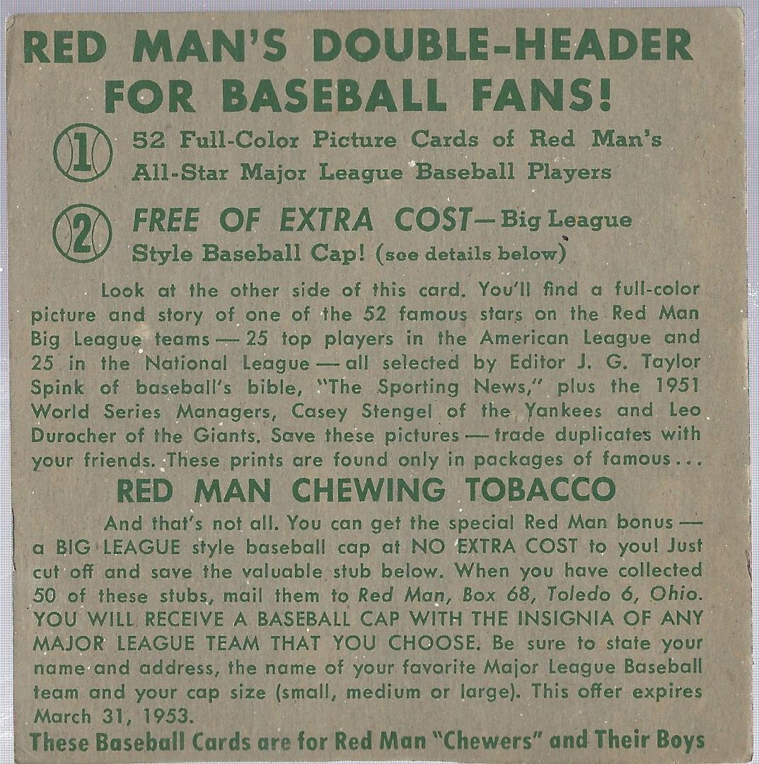 1952 Red Man #NL13 Whitey Lockman back image
