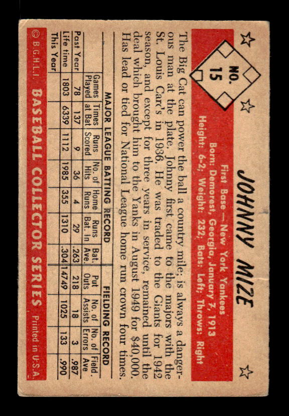 1953 Bowman Black and White #15 Johnny Mize back image