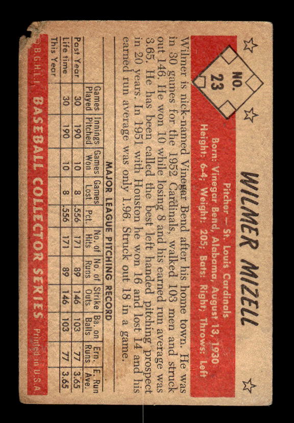 1953 Bowman Black and White #23 Wilmer Mizell back image