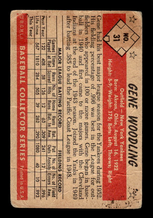 1953 Bowman Black and White #31 Gene Woodling back image