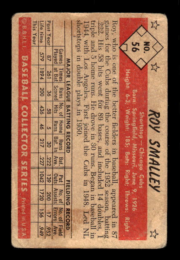 1953 Bowman Black and White #56 Roy Smalley back image