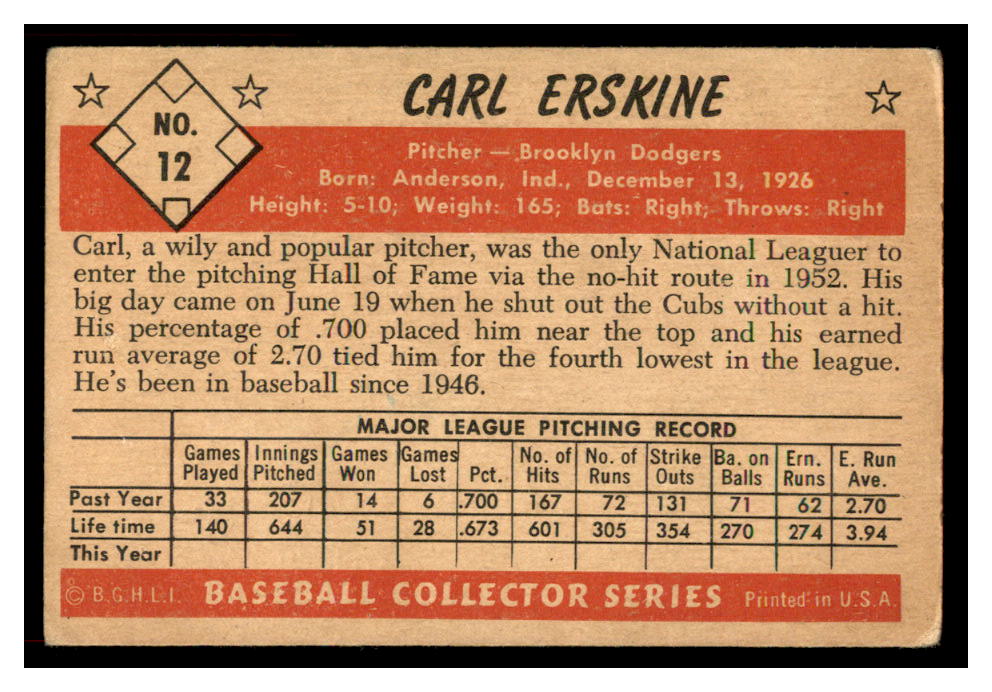 1953 Bowman Color #12 Carl Erskine back image