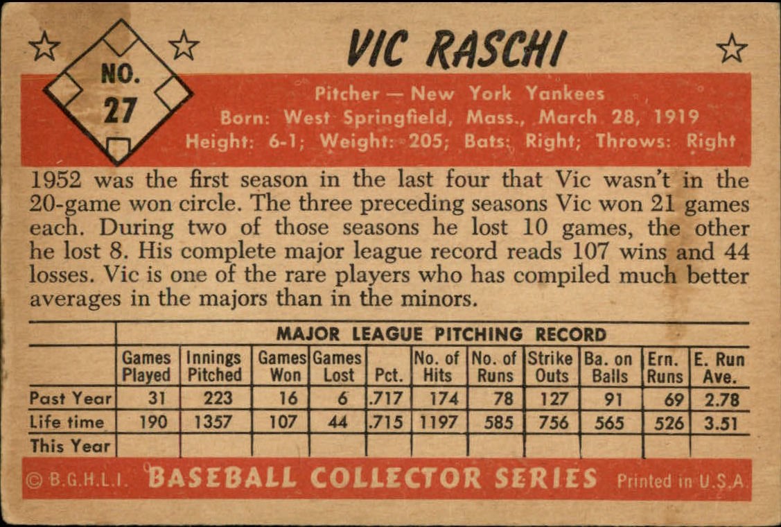 1953 Bowman Color #27 Vic Raschi back image