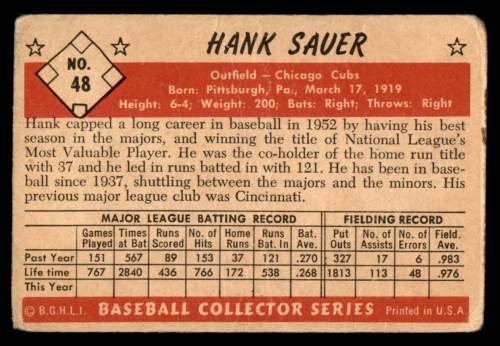 1953 Bowman Color #48 Hank Sauer back image