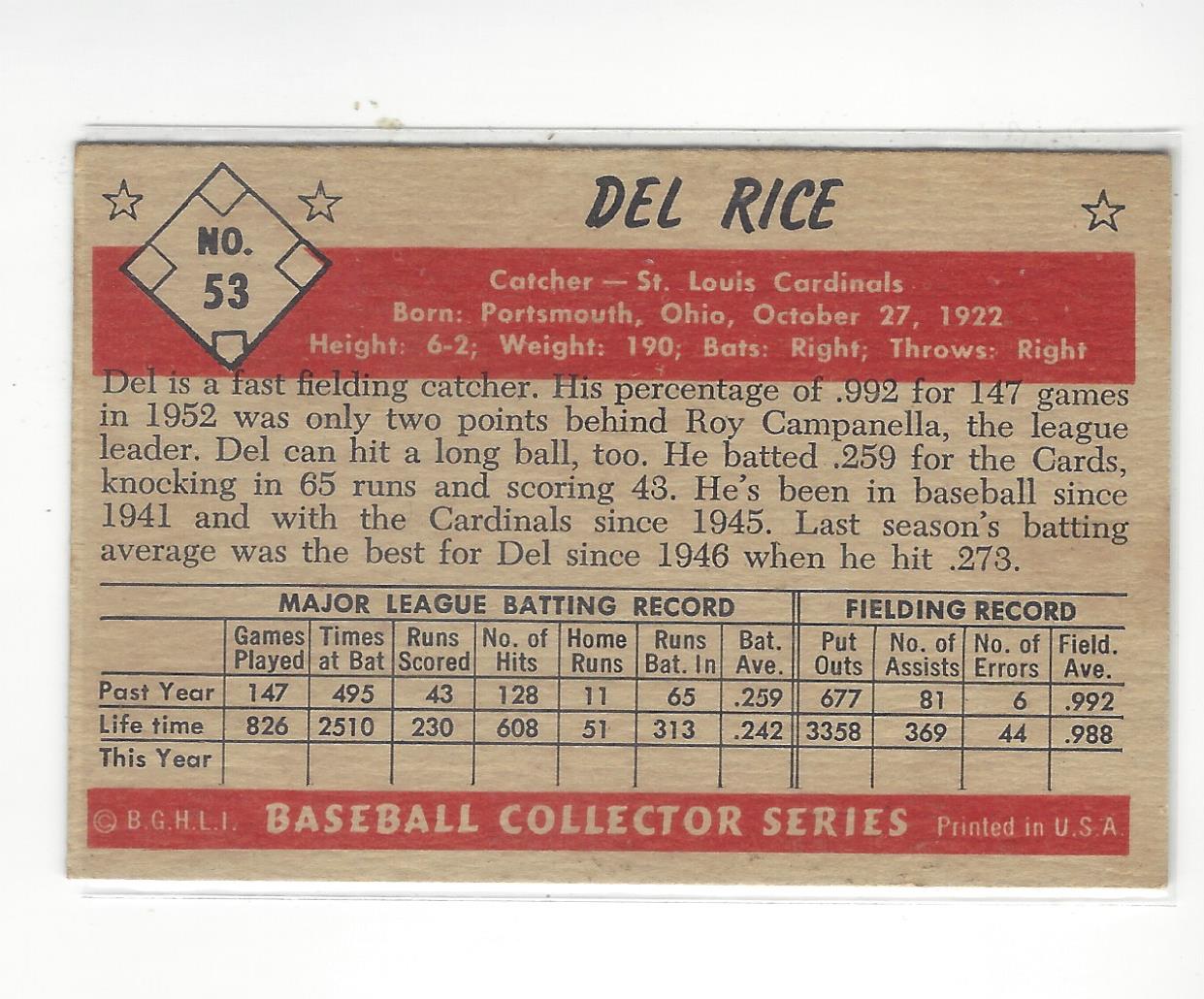 1953 Bowman Color #53 Del Rice back image