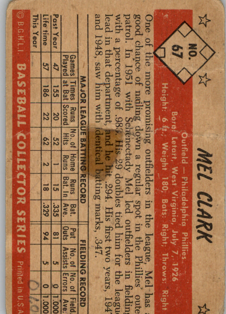 1953 Bowman Color #67 Mel Clark RC back image
