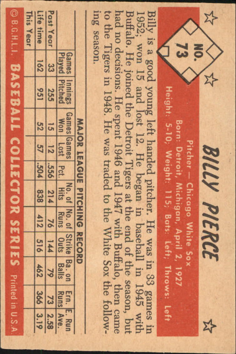 1953 Bowman Color #73 Billy Pierce back image