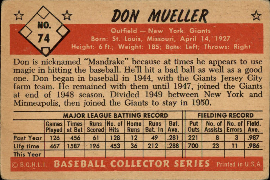 1953 Bowman Color #74 Don Mueller back image
