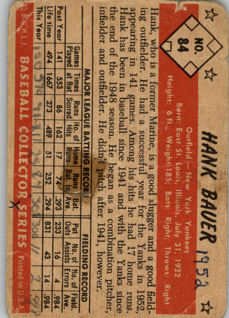 1953 Bowman Color #84 Hank Bauer back image