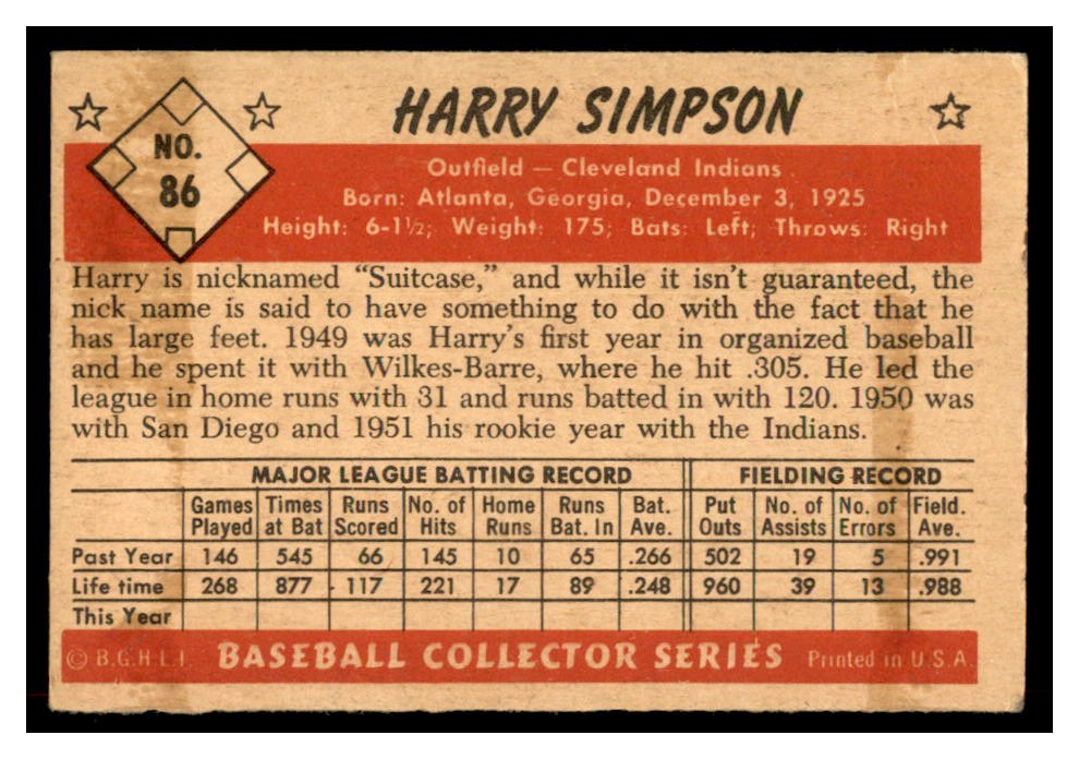 1953 Bowman Color #86 Harry Simpson back image