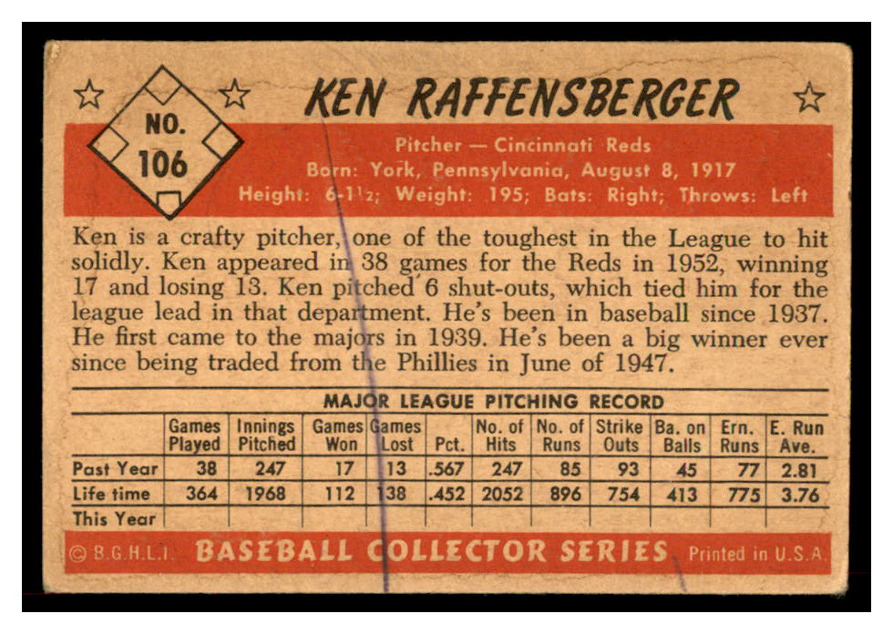 1953 Bowman Color #106 Ken Raffensberger back image