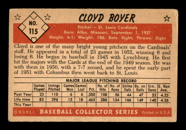 1953 Bowman Color #115 Cloyd Boyer back image