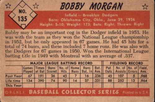1953 Bowman Color #135 Bobby Morgan back image
