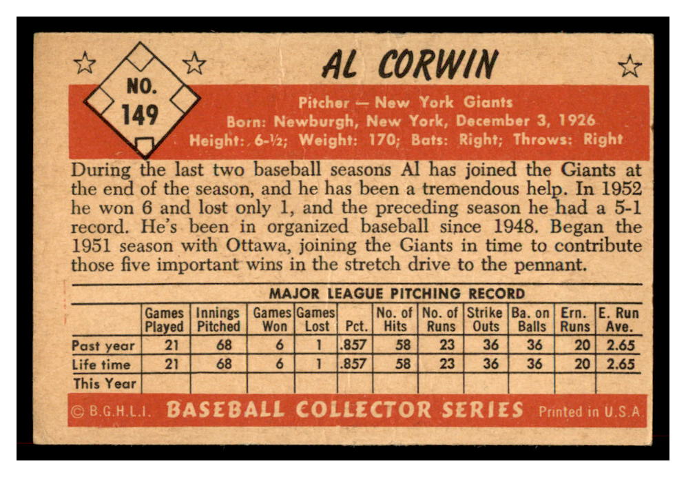 1953 Bowman Color #149 Al Corwin back image