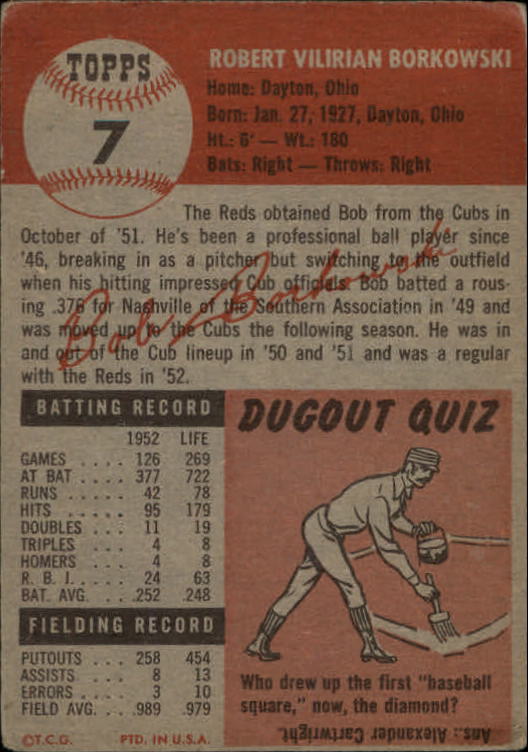 1953 Topps #7 Bob Borkowski DP back image