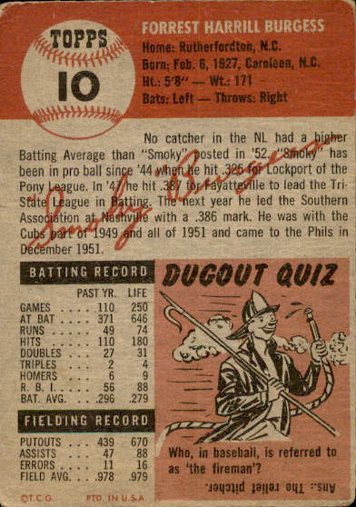 1953 Topps #10 Smoky Burgess SP back image