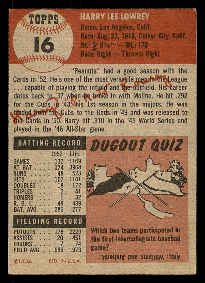 1953 Topps #16 Peanuts Lowrey DP back image