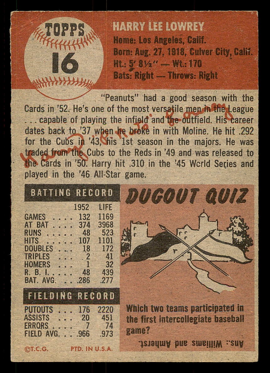 1953 Topps #16 Peanuts Lowrey DP back image