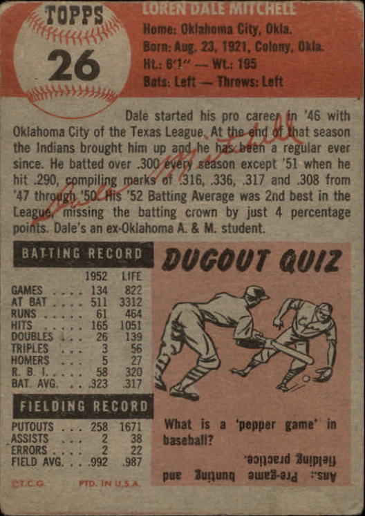 1953 Topps #26 Dale Mitchell DP back image