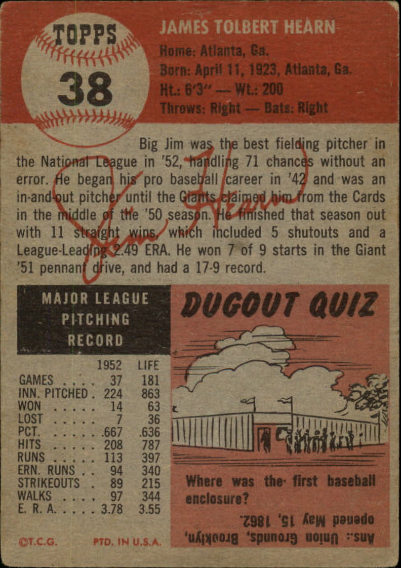 1953 Topps #38 Jim Hearn DP back image