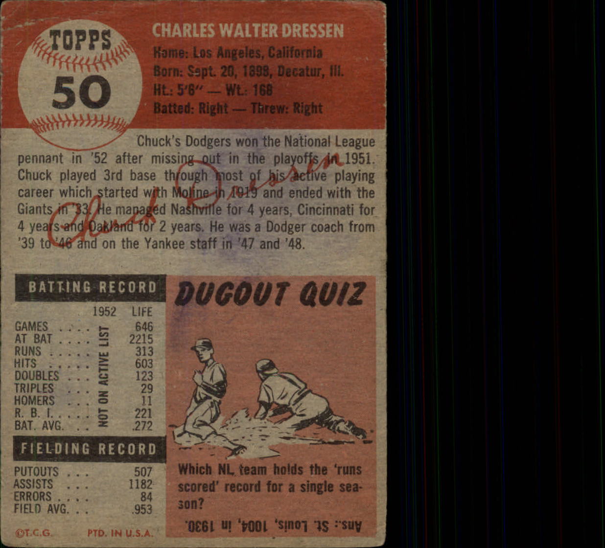 1953 Topps #50 Chuck Dressen MG DP back image