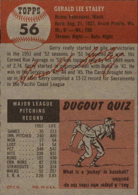 1953 Topps #56 Gerry Staley DP back image