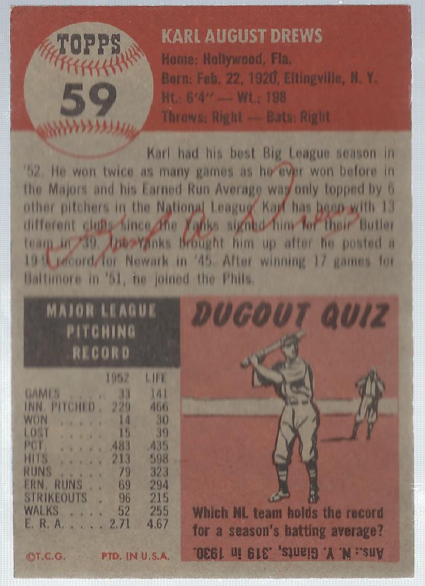 1953 Topps #59 Karl Drews DP back image