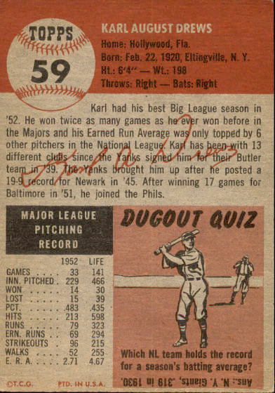 1953 Topps #59 Karl Drews DP back image