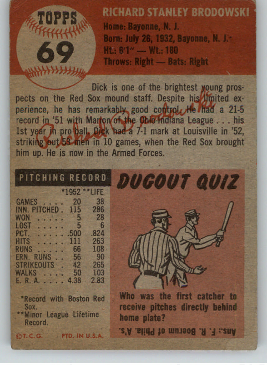 1953 Topps #69 Dick Brodowski back image