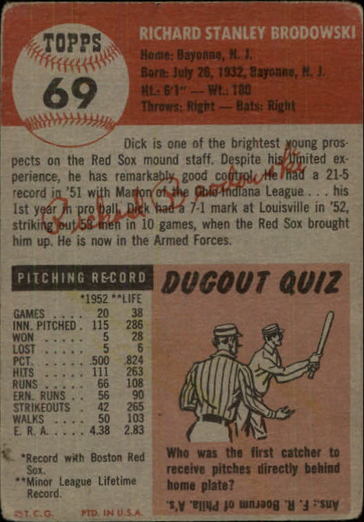 1953 Topps #69 Dick Brodowski back image