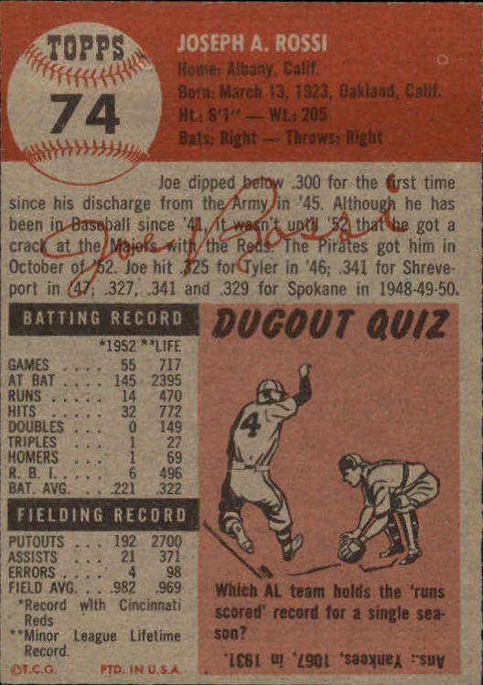 1953 Topps #74 Joe Rossi back image