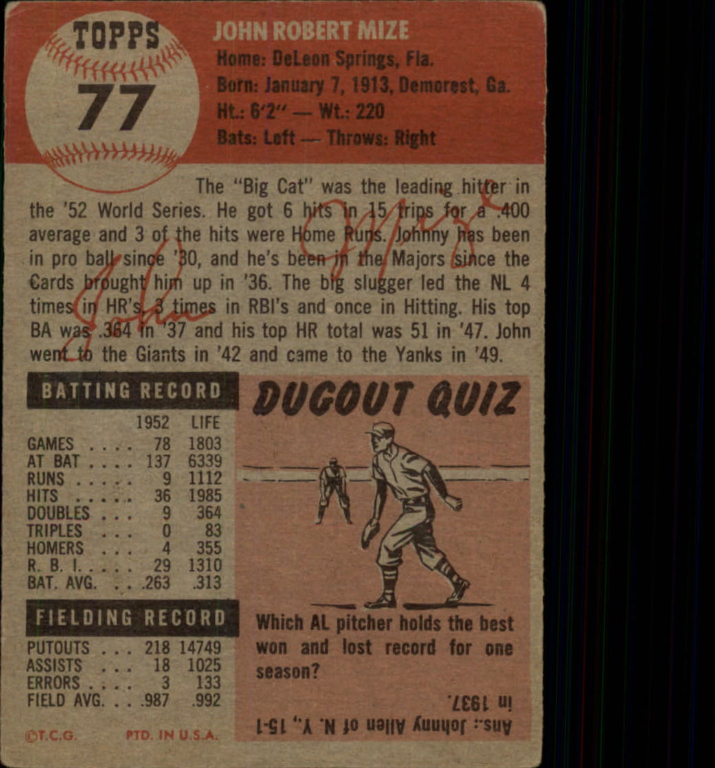 1953 Topps #77 Johnny Mize DP back image